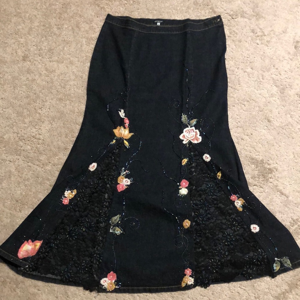 Embroidered Laced Denim Skirt